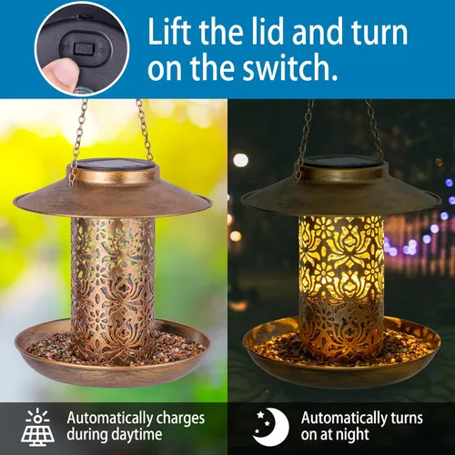 Miniatura 4 de Ottsuls Comedero solar para pájaros para colgar al aire libre, farol de jardín de cardenales salvajes de metal con gancho en S, comedero para Marrón