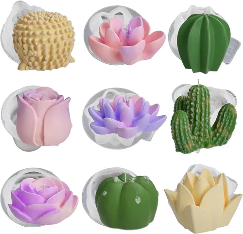 Miniatura 2 de Paquete de 9 moldes de velas de suculentas florales, moldes de silicona para fundición de resina para decoración del hogar y fabricación de velas
