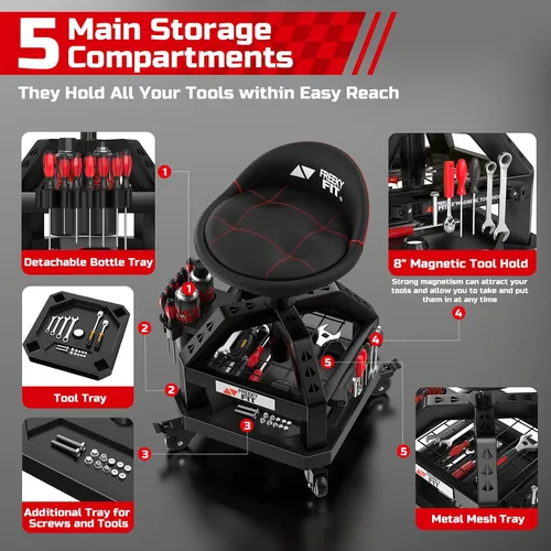 Miniatura 3 de Rolling Shop Taburete para garaje con ruedas, DO02 - Asiento giratorio de 360° de altura ajustable con almacenamiento de bandeja de herramientas