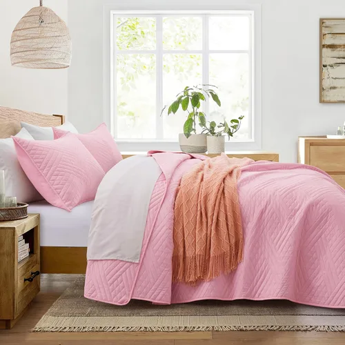 Miniatura 3 de Lavsiry Juego de colcha rosa tamaño queen con patrón a rayas, colcha y cubrecama de microfibra ligera y suave para verano, juego de ropa de cama