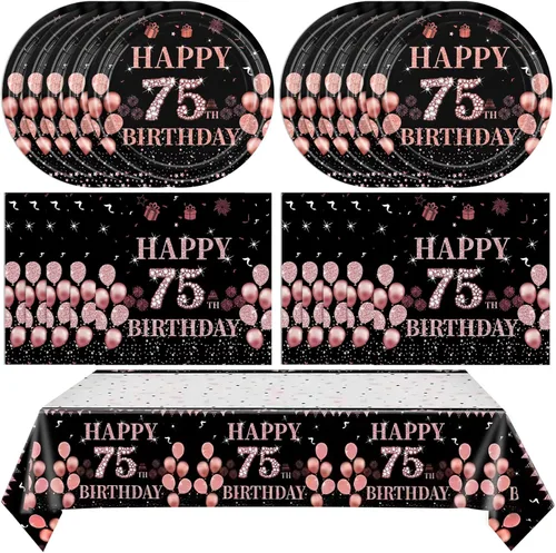 Miniatura 10 de 41 piezas de decoraciones de 90 cumpleaños para mujeres, platos y servilletas de 90 cumpleaños en negro y oro rosa, juego de vajilla de feliz