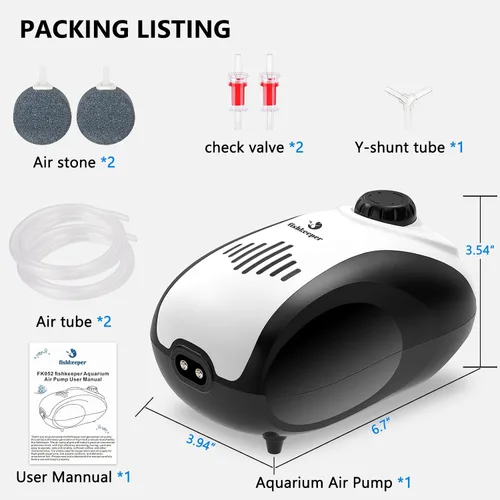 Miniatura 6 de fishkeeper Aquarium Air Pump, 4W/5W Fish Tank Air Pump Adjustable Air Valve Quiet Bubbler Aerator Pump with Air Stone/Tubing/Check Valve Up to 160