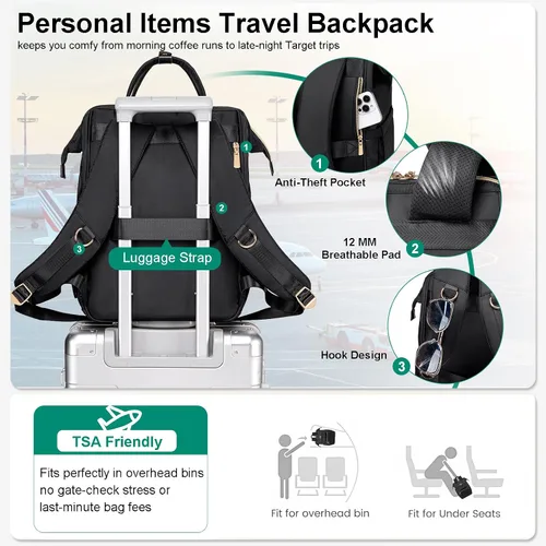 Miniatura 5 de Mochila de almuerzo, mochila para laptop de 15.6 pulgadas para mujeres, enfermeras, profesores, mochila de trabajo con lonchera aislada, Negro