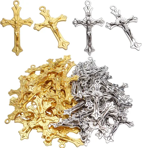 Aylifu Cross Pendant Charms, 50pcs Alloy Jesus Peace Crucifix Pendants Jewelry Findings Accessories for DIY Handmade Bracelet Necklace Dorado/Plata
