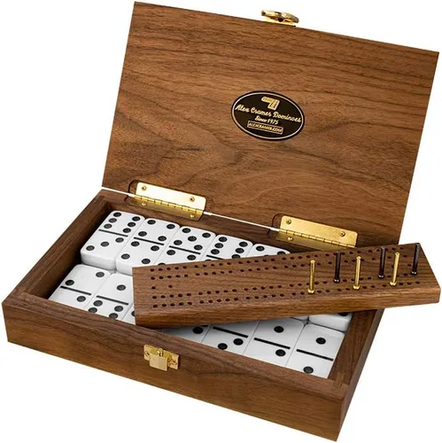 Alex Cramer - Juego de dominó clásico 'Cabin Club' con estuche de nogal negro, 28 dominó indestructibles de doble seis dominó (juego doble de 6