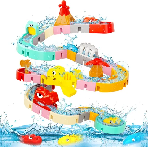 Juguetes de Baño de Dinosaurios para Niños de 1-3 y 4-8 años, 43 PIEZAS Pistas de Toboganes de Agua DIY con 3 Bañeras de Baño para Niños Pequeños de