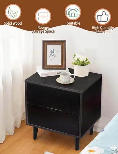 Miniatura 6 de Mesita de noche de madera con mango ranurado moderno de mediados de siglo, cajón de almacenamiento y estante, mesa auxiliar de noche, 2 cajones Negro