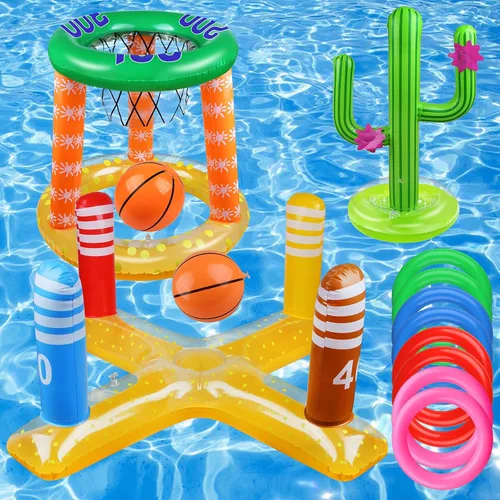 Juego de 8 anillos inflables, aro de baloncesto inflable, juego de lanzamiento de cactus, juego de lanzamiento cruzado y 2 pelotas de baloncesto