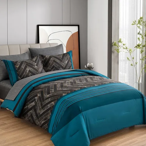 Miniatura 24 de Luxudecor Juego de Edredón Negro Tamaño King, 7 Piezas Cama en una Bolsa de Rayas Geométricas, Juego de Edredón Geométrico y Sábanas, Juego Completo