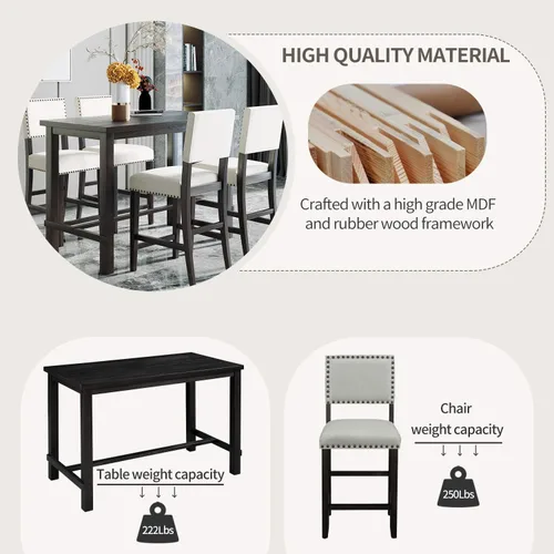 Miniatura 5 de Merax Juego de mesa de comedor de 5 piezas para 4, juego de mesa de cocina de altura de mostrador con una mesa rectangular y 4 sillas acolchadas