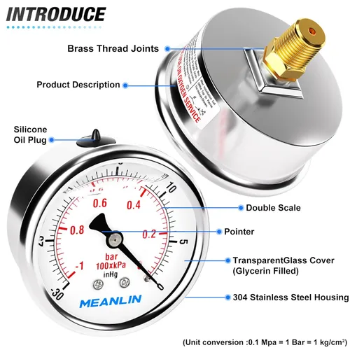 Miniatura 4 de MEANLIN MEASURE - Vacuómetro de presión de vacío de acero inoxidable, esfera con cara de 2.5 pulgadas, NPT de 1/8 de pulgada, montaje trasero