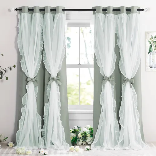 Miniatura 34 de PONY DANCE Cortinas con Volantes de Doble Capa con Superposición Transparente, Decoración Elegante para Ventanas de Diseño Rústico Francés de Campo