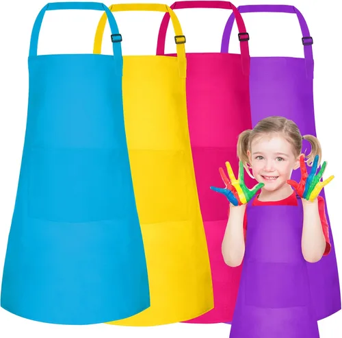 Miniatura 8 de PLULON 10 delantales para niños con 2 bolsillos, delantales de pintura a granel, delantales de pintura ajustables, delantales de chef para niñas, 10