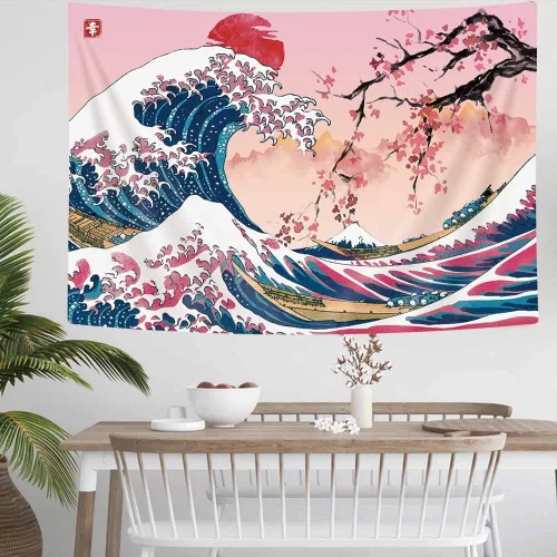 Miniatura 6 de MERCHR Tapiz de pared de flor de cerezo con sol rosa y rojo, olas del océano y escena de montaña, diseño de anime asiático para dormitorio, 60 x 40