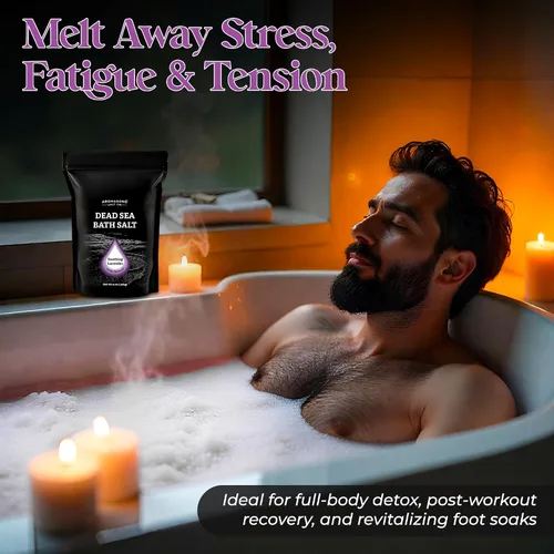 Miniatura 3 de Aromasong Sal pura del mar muerto para remojar con lavanda 100 % natural, 14 onzas, sal de baño de spa de grano fino, exfoliante de lavado corporal