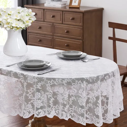 ASATEX Mantel de encaje ovalado blanco de 54 x 72 pulgadas. El patrón floral clásico y elegante es la elección ideal para cualquier comedor de lujo,
