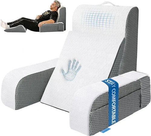 Kayfia Almohada de lectura, almohada de espalda 10 en 1 para cama sentada con reposabrazos desmontable, almohada de respaldo con espuma