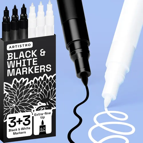 ARTISTRO 6 bolígrafos de pintura acrílica en blanco y negro, marcadores de punta extrafina de 0.028 in, bolígrafos de pintura para manualidades,