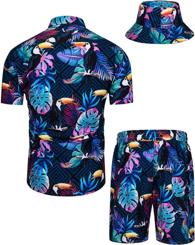 Miniatura 2 de TUNEVUSE Conjunto de camisas y pantalones cortos hawaianos para hombre, 2 piezas, trajes de playa con estampado de flores, traje tropical de verano