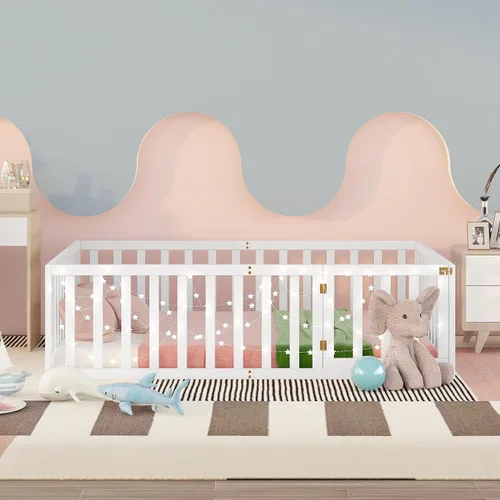 Miniatura 3 de Cama de suelo para niños de tamaño matrimonial con valla, cama de madera con puerta, barandillas en forma de valla, cama de valla para niños, fácil