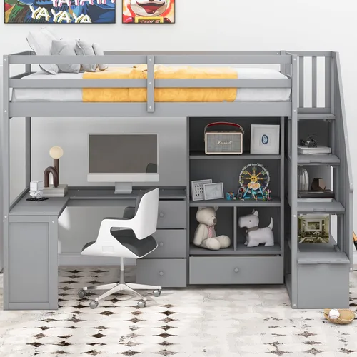 Cama tipo loft de tamaño individual con escritorio en forma de L y 3 cajones, marco de cama de madera con escalera y armario de almacenamiento
