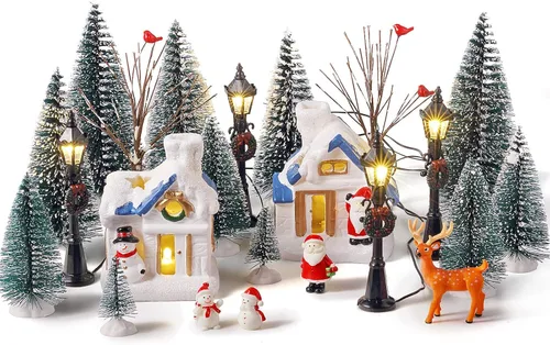 Namalu Juego de 34 Piezas Casas de Pueblo Navideño, Juego de Accesorios Mini Árboles de Navidad, Santa, Muñeco de Nieve, Lámparas de Calle para