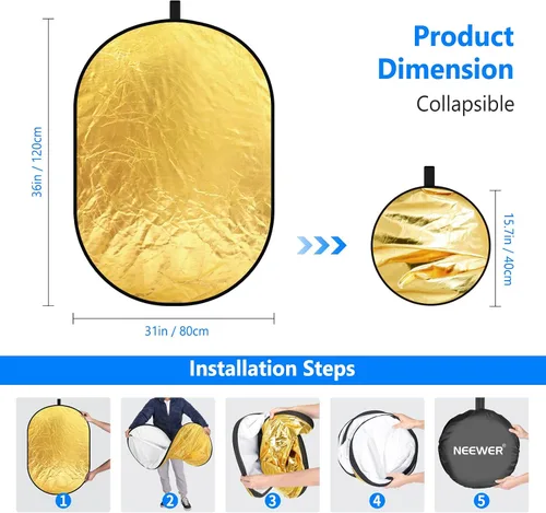 Miniatura 3 de NEEWER Reflectores de luz de 80x120cm para fotografía de 31"x47", portátiles 5 en 1 plegables con bolsa - Difusor translúcido, plateado, dorado