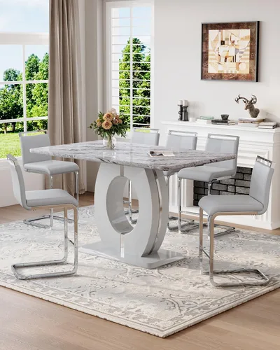 Miniatura 17 de Juego de mesa de comedor de mármol de 63 pulgadas para 6, moderno juego de mesa de comedor de altura de mostrador, mesa alta gris con taburetes