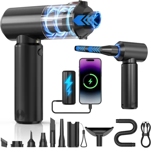 Aspiradora de mano inalámbrica con banco de energía de 6000 mAh y luz LED, aspiradora 3 en 1 para automóvil, soplador de aire y cargador de