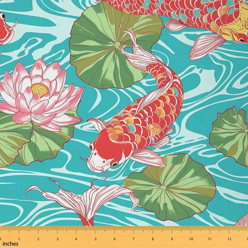 Koi Fish - Tela de tapicería para sillas, tela tradicional japonesa para exteriores, tela decorativa con estampado de hojas de loto Botanicla para