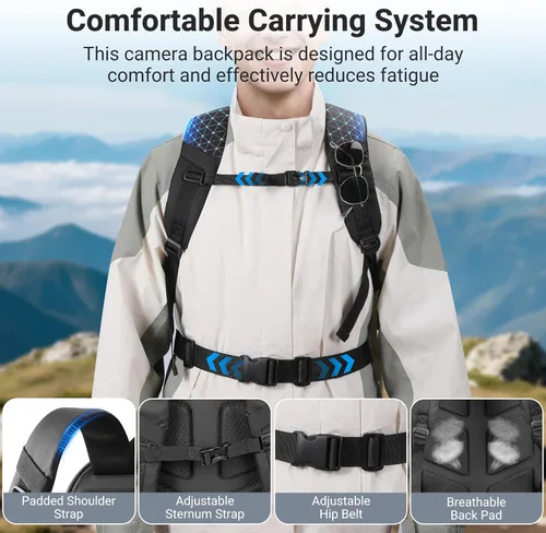 Miniatura 8 de Mochila de cámara para fotógrafo, 22L de gran capacidad, bolsa para cámara digital profesional con compartimento para laptop de 15 pulgadas