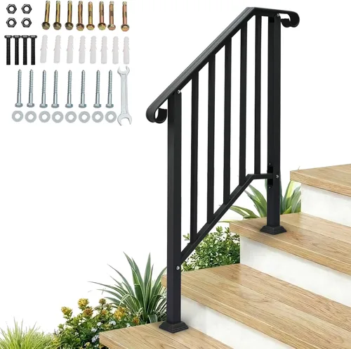 Miniatura 17 de Outvita Pasamanos para escalones al aire libre, pasamanos de hierro forjado para 2 o 3 escalones, pasamanos de transición con kit de instalación