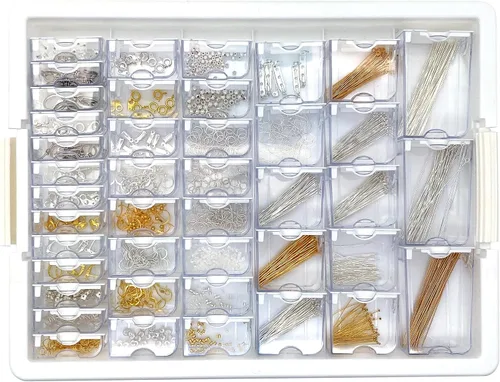 Bead Storage Solutions Elizabeth Ward - Bandeja organizadora de cuentas apilable de plástico, 1111 piezas, color oro/plata, surtido de bisutería