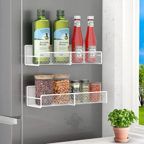 Estante magnético para especias para refrigerador, paquete de 2 estantes magnéticos para refrigerador con 4 ganchos, estantes magnéticos negros,