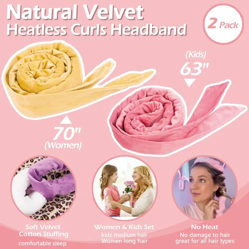 Miniatura 2 de Cintillo para rizos sin calor durante la noche, rizadores sin calor de 177.8 cm para cabello medio largo, color rosa champán Champán y rosa