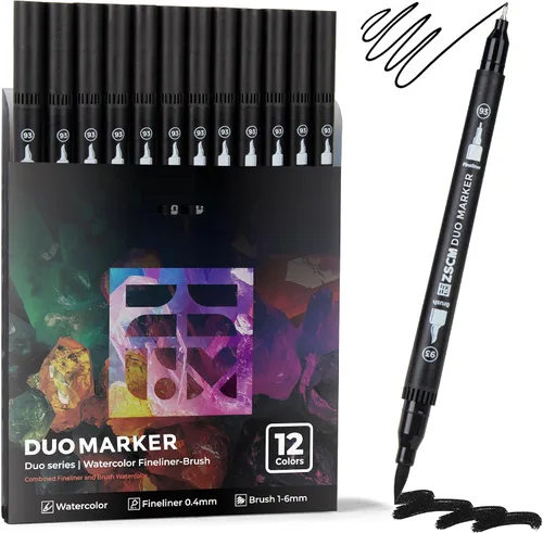ZSCM Rotuladores negros de doble punta, paquete de 12 marcadores finos y de pincel para libros de colorear para adultos, sin sangrado, marcadores