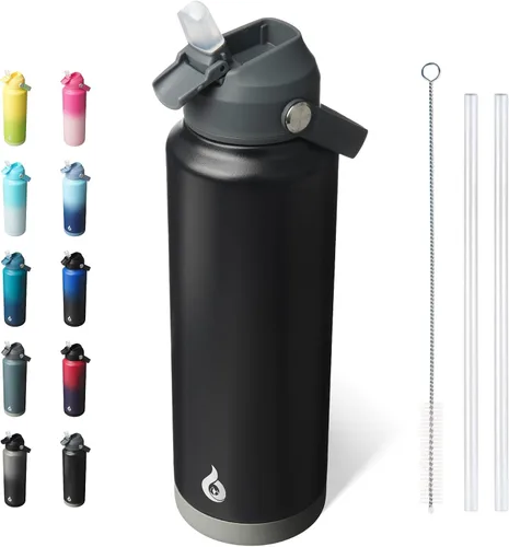 Miniatura 8 de BJPKPK - Botella de agua aislada con tapa de popote, 532 ml Botellas termo con boquilla suave, asa flexible y base antideslizante, libre de BPA, a