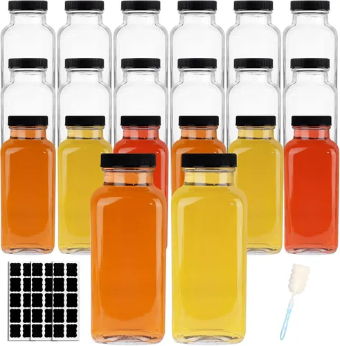 HINGWAH Botellas de vidrio de 12 onzas, juego de 20 botellas de agua de vidrio vintage con tapas, ideales para almacenar jugos, leche, bebidas,
