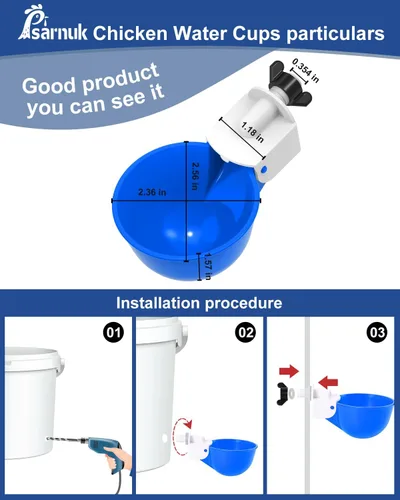 Miniatura 5 de Vasos para beber pollo (paquete de 8) con broca de 3/8 pulgadas, color azul Automatic Poultry Drinker Feeder Kit for Chickens, Ducks, Turkeys