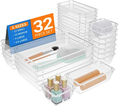 Miniatura 8 de StorMiracle Juego de 32 organizadores de cajones de plástico transparente, bandejas organizadoras de tocador de 4 tamaños y contenedores