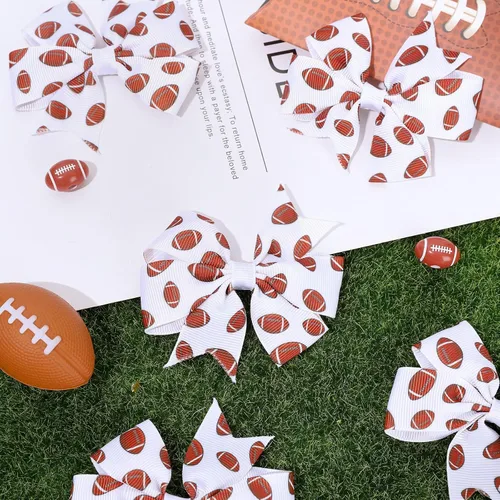 Miniatura 4 de Whaline 6 pinzas para el pelo de fútbol para niñas, estampado de fútbol marrón y blanco, cinta de grogrén con temática deportiva, pinzas