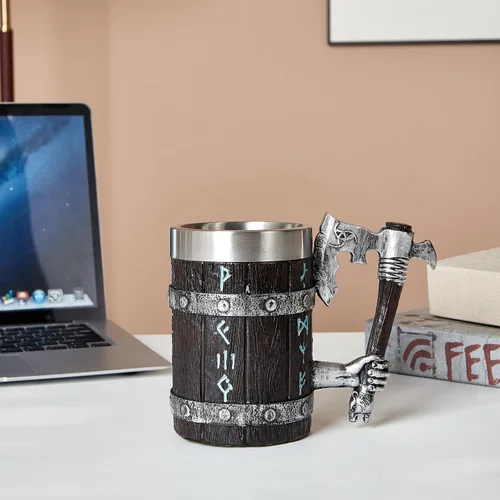 Miniatura 2 de Taza vikinga con mango de hacha, jarra de cerveza de madera de roble nórdico con inserto de acero inoxidable de 17 onzas, jarra de mitología Mango