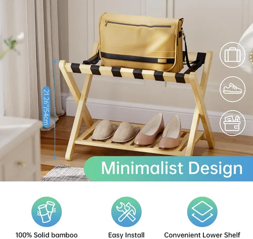 Miniatura 7 de SMIBUY Portaequipajes, soporte plegable de bambú para maleta con estante de almacenamiento para habitación de invitados, dormitorio, hotel, Natural