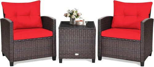 KOTEK Juego de muebles de patio de 3 piezas, juego de conversación al aire libre con cojines lavables y mesa de vidrio templado, juego de bistró de