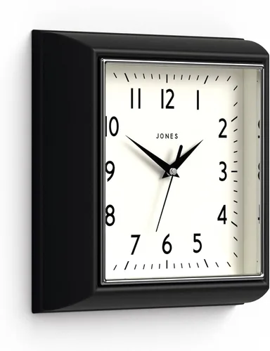 JONES CLOCKS® Reloj de pared mostaza | Reloj retro cuadrado | 10 pulgadas | Negro | Números fáciles de leer | Perfecto para cocina u oficina