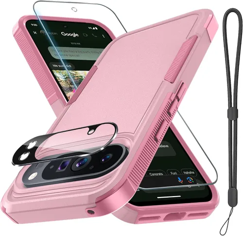 Miniatura 16 de Funda para Google Pixel 10 Pro XL con correa para la muñeca + protector de pantalla de vidrio templado + cubierta para lente de cámara, cuerpo Verde