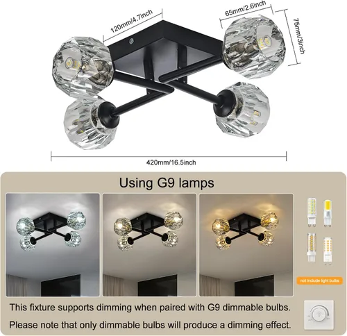 Miniatura 4 de Sputnik - Lámpara de techo semiempotrada de cristal negro de 4 luces, lámpara industrial para cocina, dormitorio, sala de estar, pasillo, bombilla