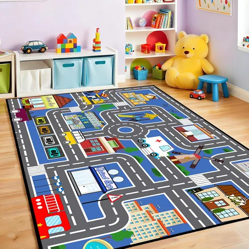 Miniatura 9 de Alfombra de juego para niños (2.6 x 5 pies), 2 unidades, alfombra de carretera para niños, alfombra de mapa de ruta de la ciudad, alfombra