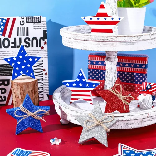 Miniatura 3 de Whaline 6 piezas de decoración de mesa de estrellas de madera para el 4 de julio, letreros patrióticos de bloque de estrellas con purpurina roja