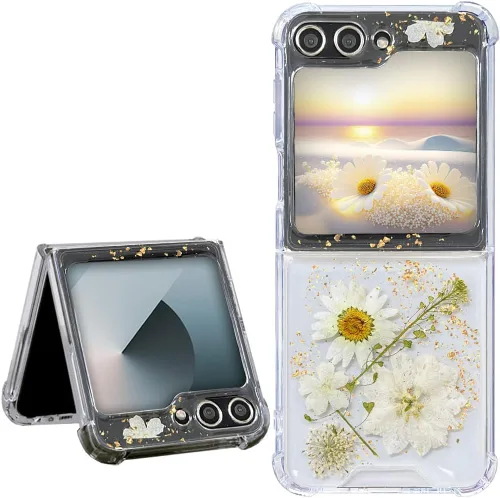 Miniatura 14 de Abbery Funda transparente para Samsung Galaxy Z Flip 3 5G, transparente y con diseño de purpurina bonita con purpurina floral prensada de Rosa